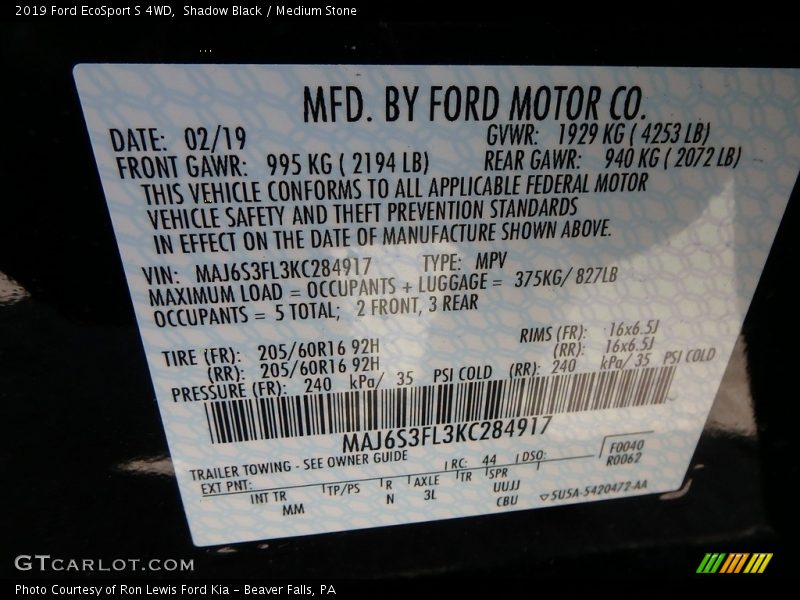 Shadow Black / Medium Stone 2019 Ford EcoSport S 4WD