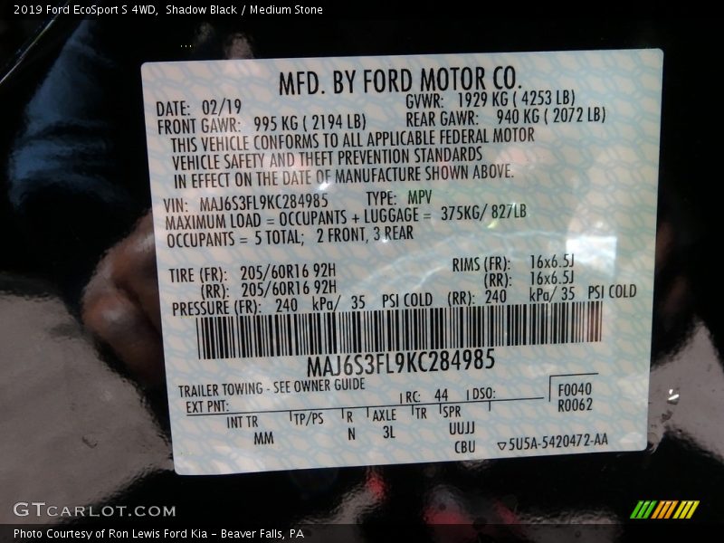 Shadow Black / Medium Stone 2019 Ford EcoSport S 4WD