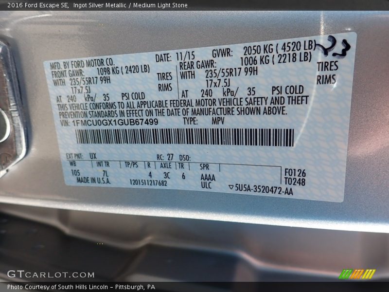 Ingot Silver Metallic / Medium Light Stone 2016 Ford Escape SE