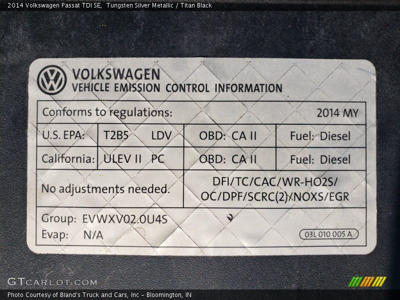 Tungsten Silver Metallic / Titan Black 2014 Volkswagen Passat TDI SE