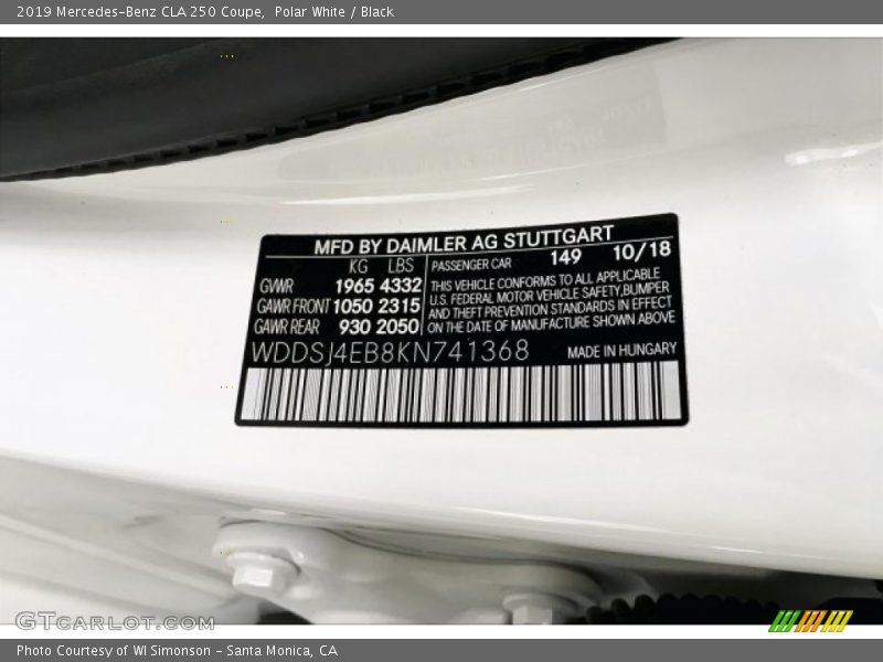 Polar White / Black 2019 Mercedes-Benz CLA 250 Coupe