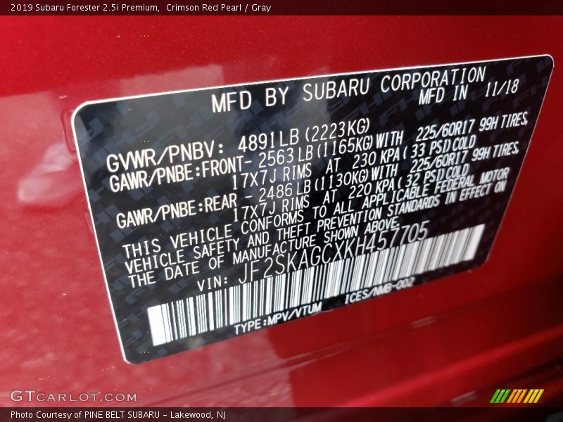Crimson Red Pearl / Gray 2019 Subaru Forester 2.5i Premium