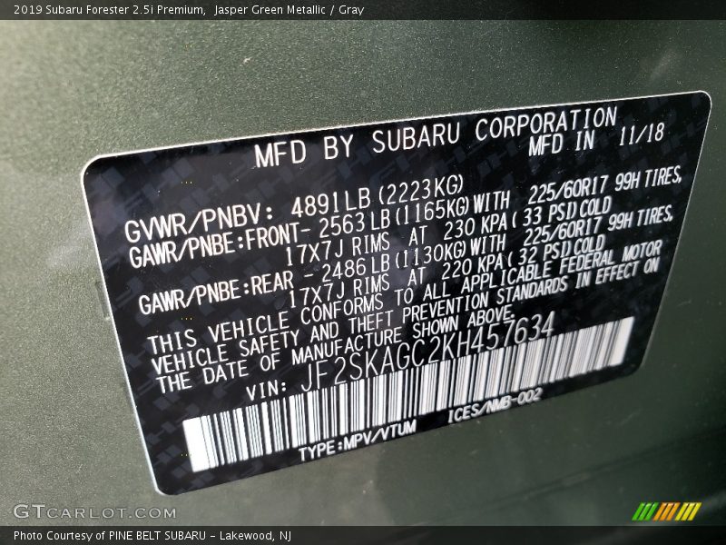 Jasper Green Metallic / Gray 2019 Subaru Forester 2.5i Premium