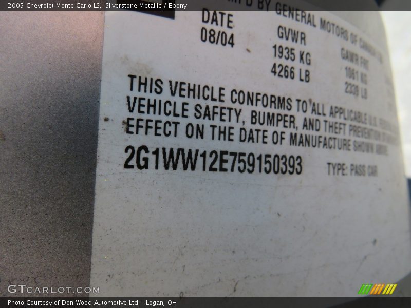 Silverstone Metallic / Ebony 2005 Chevrolet Monte Carlo LS
