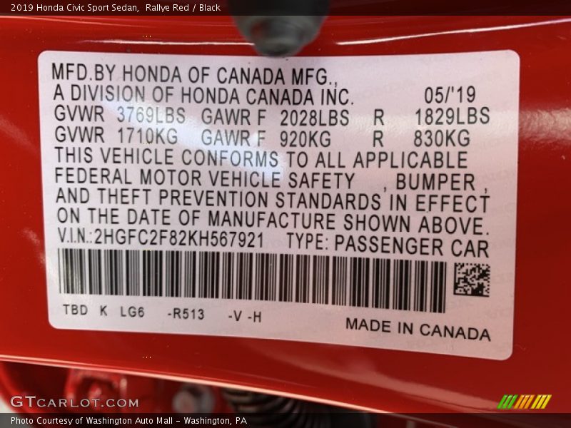 Rallye Red / Black 2019 Honda Civic Sport Sedan