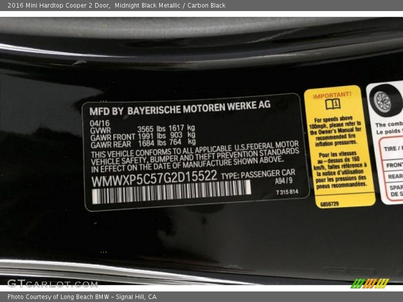 Midnight Black Metallic / Carbon Black 2016 Mini Hardtop Cooper 2 Door