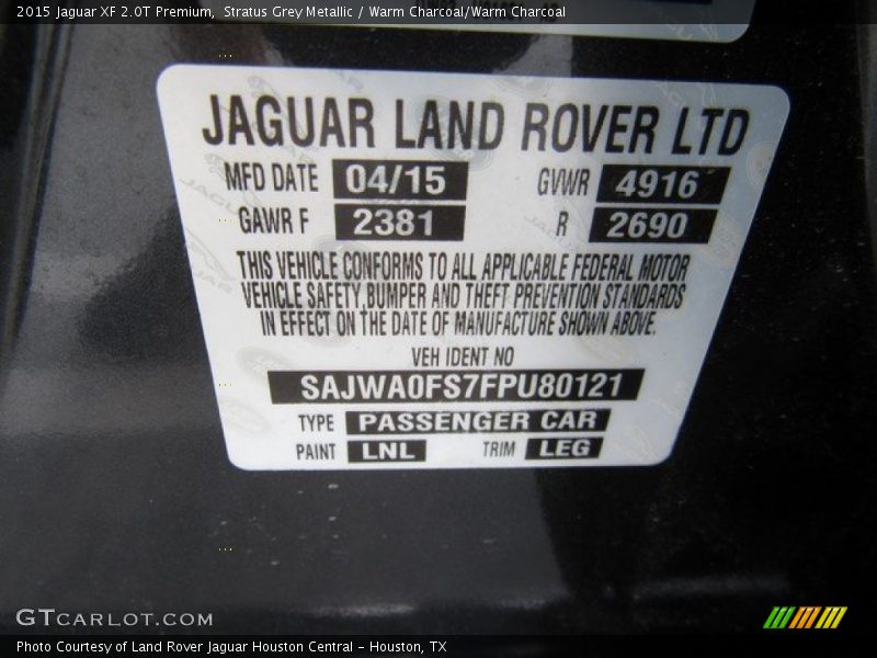 Stratus Grey Metallic / Warm Charcoal/Warm Charcoal 2015 Jaguar XF 2.0T Premium