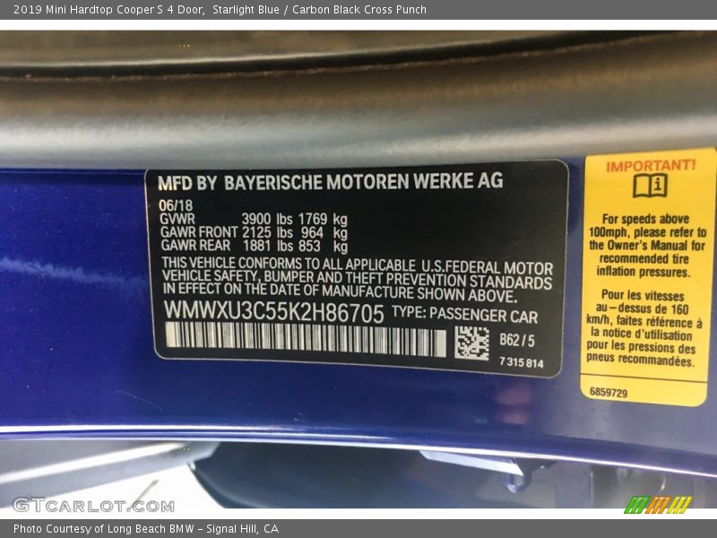 2019 Hardtop Cooper S 4 Door Starlight Blue Color Code B62