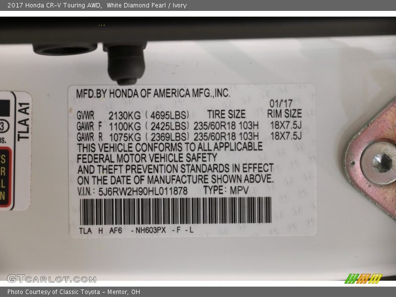 White Diamond Pearl / Ivory 2017 Honda CR-V Touring AWD
