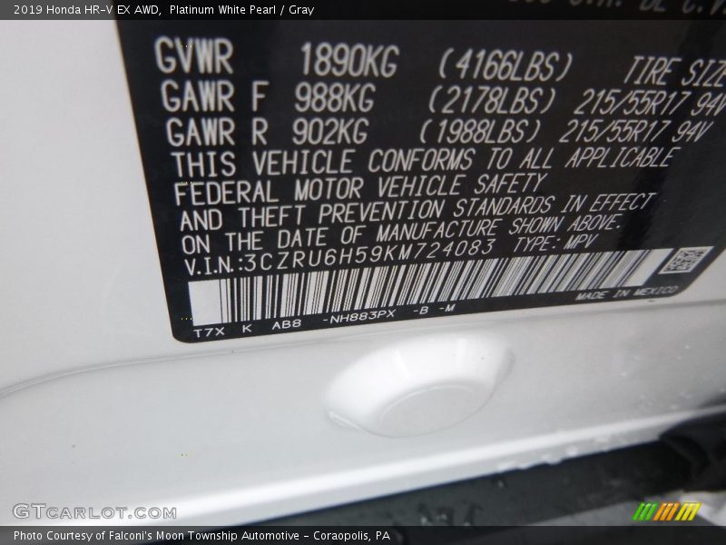 Platinum White Pearl / Gray 2019 Honda HR-V EX AWD