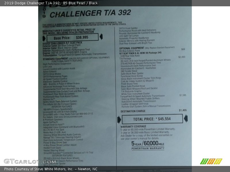 B5 Blue Pearl / Black 2019 Dodge Challenger T/A 392