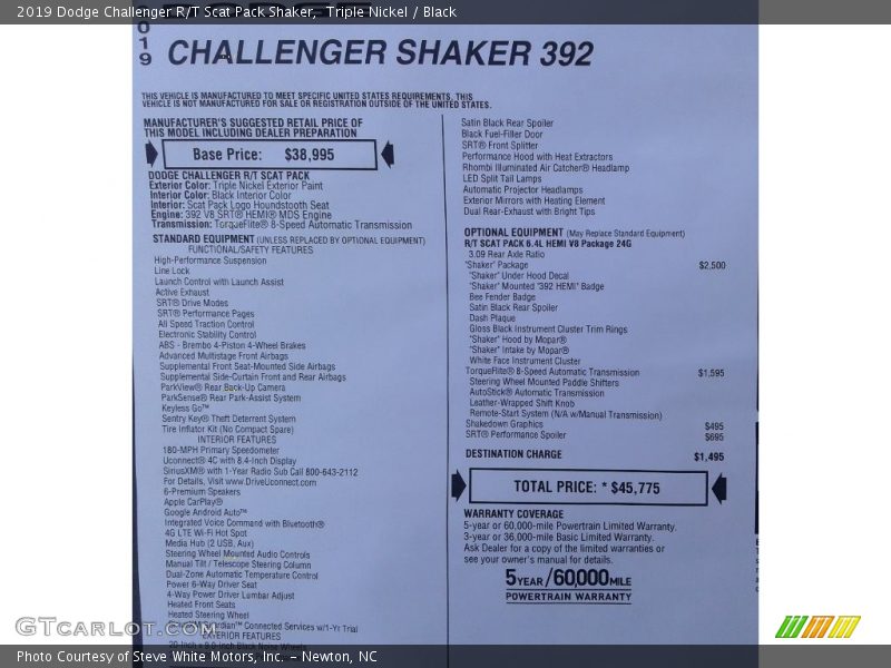 Triple Nickel / Black 2019 Dodge Challenger R/T Scat Pack Shaker