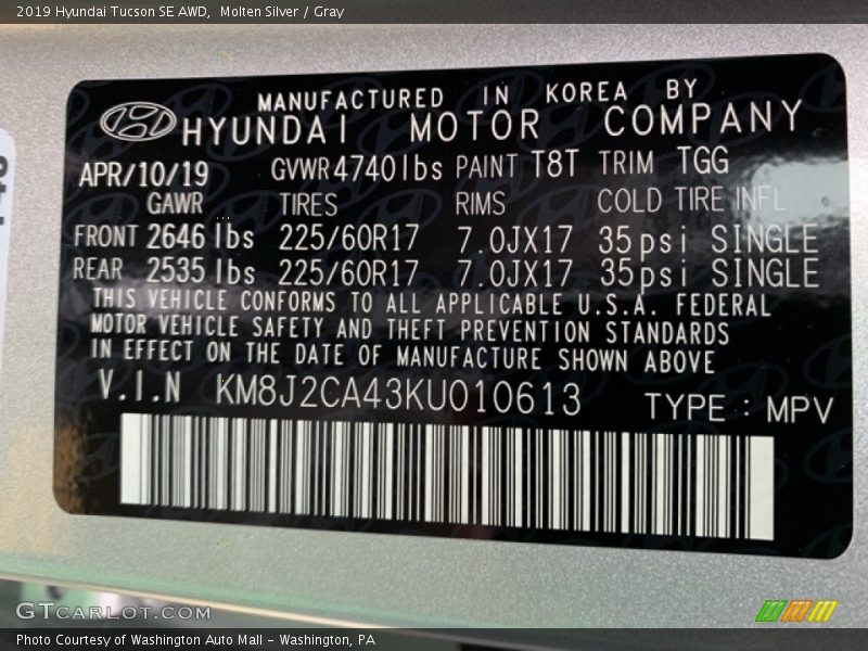 Molten Silver / Gray 2019 Hyundai Tucson SE AWD