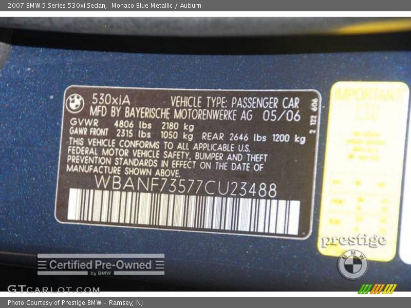 Monaco Blue Metallic / Auburn 2007 BMW 5 Series 530xi Sedan