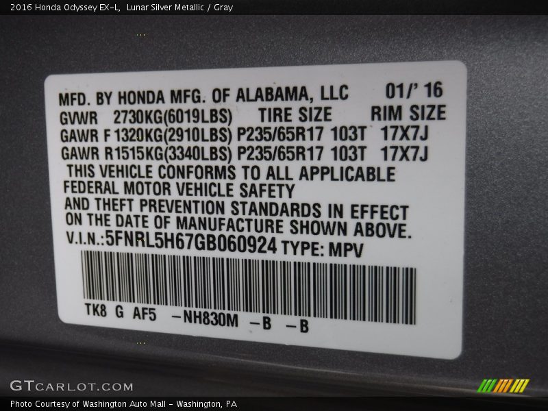 Lunar Silver Metallic / Gray 2016 Honda Odyssey EX-L