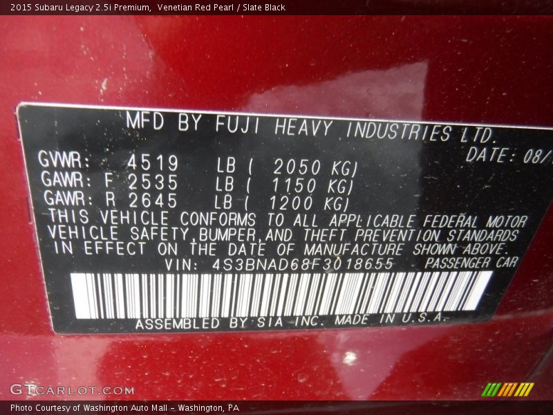 Venetian Red Pearl / Slate Black 2015 Subaru Legacy 2.5i Premium