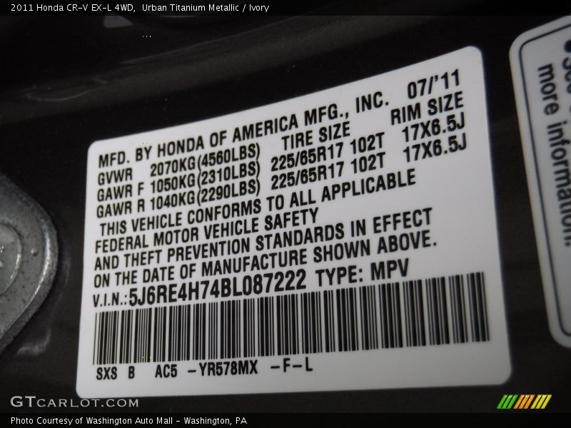 Urban Titanium Metallic / Ivory 2011 Honda CR-V EX-L 4WD