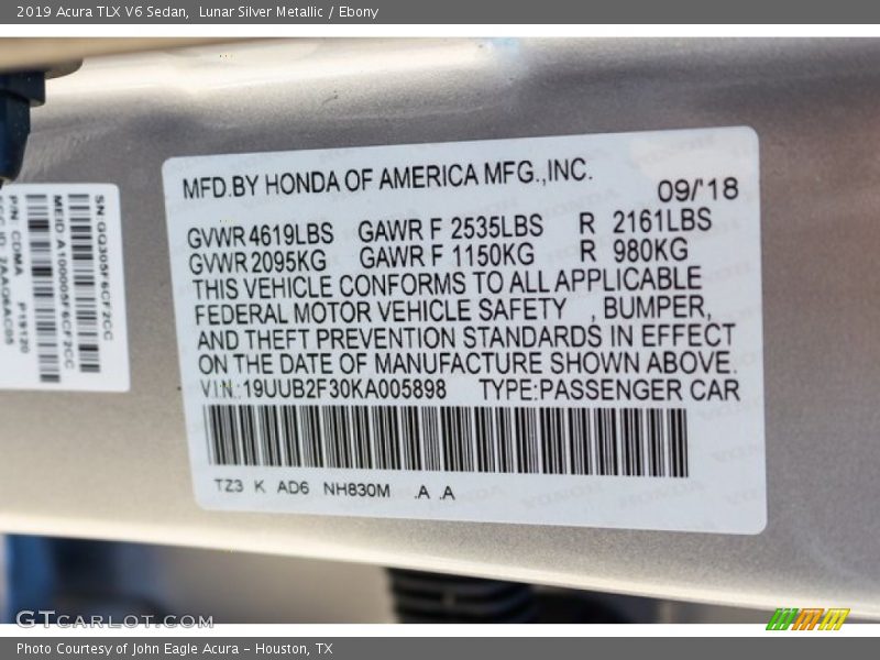 Lunar Silver Metallic / Ebony 2019 Acura TLX V6 Sedan