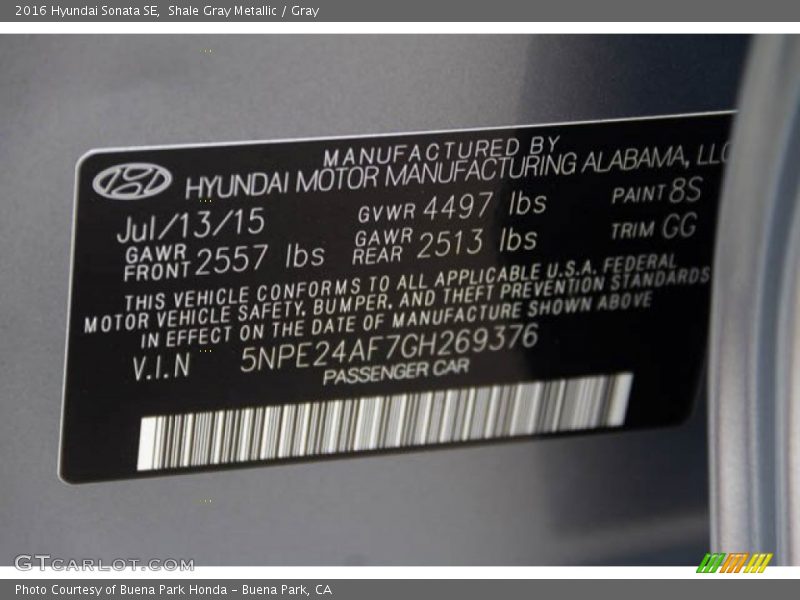 Shale Gray Metallic / Gray 2016 Hyundai Sonata SE