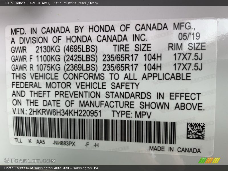 Platinum White Pearl / Ivory 2019 Honda CR-V LX AWD