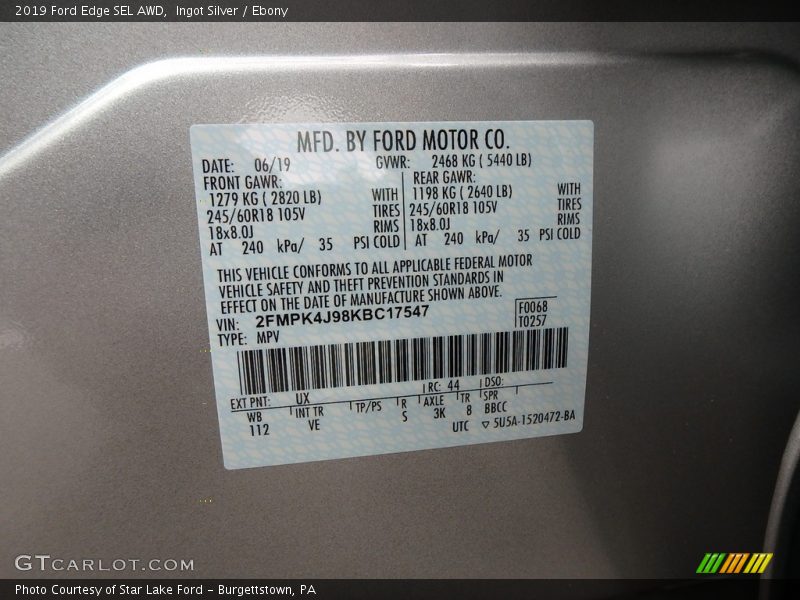 Ingot Silver / Ebony 2019 Ford Edge SEL AWD