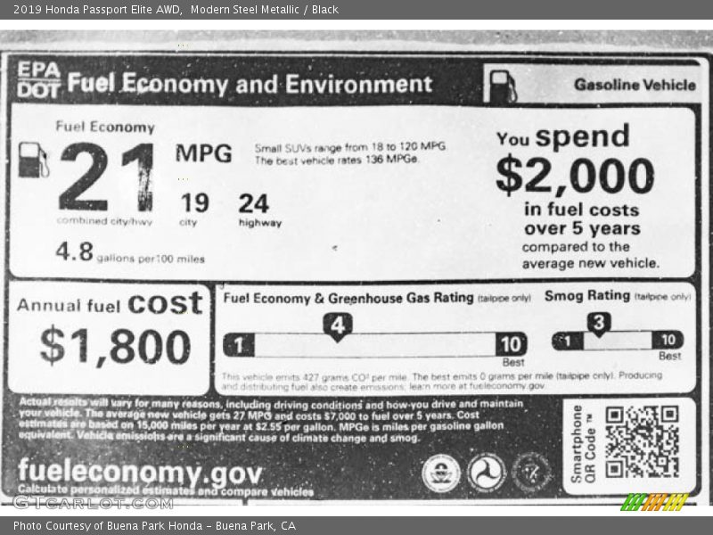 Modern Steel Metallic / Black 2019 Honda Passport Elite AWD