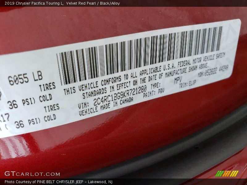 Velvet Red Pearl / Black/Alloy 2019 Chrysler Pacifica Touring L