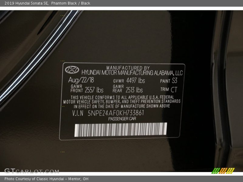 Phantom Black / Black 2019 Hyundai Sonata SE