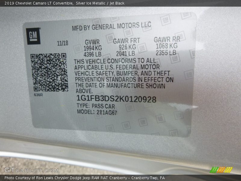 Silver Ice Metallic / Jet Black 2019 Chevrolet Camaro LT Convertible