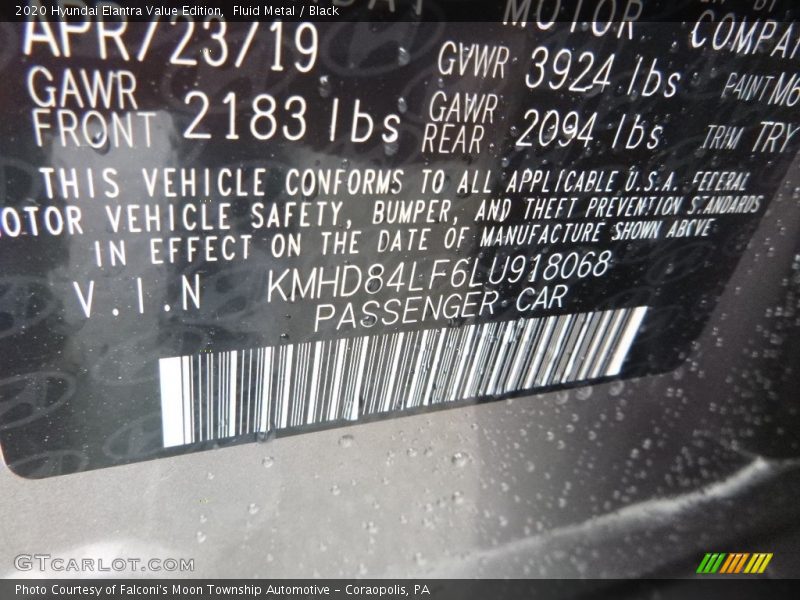 Fluid Metal / Black 2020 Hyundai Elantra Value Edition