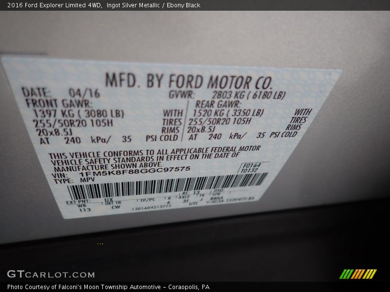 Ingot Silver Metallic / Ebony Black 2016 Ford Explorer Limited 4WD