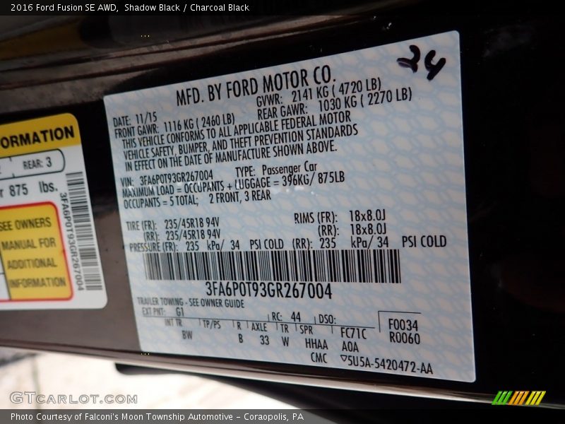 Shadow Black / Charcoal Black 2016 Ford Fusion SE AWD