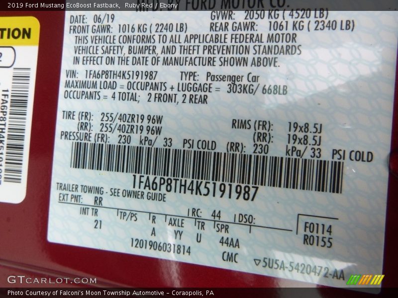 2019 Mustang EcoBoost Fastback Ruby Red Color Code RR