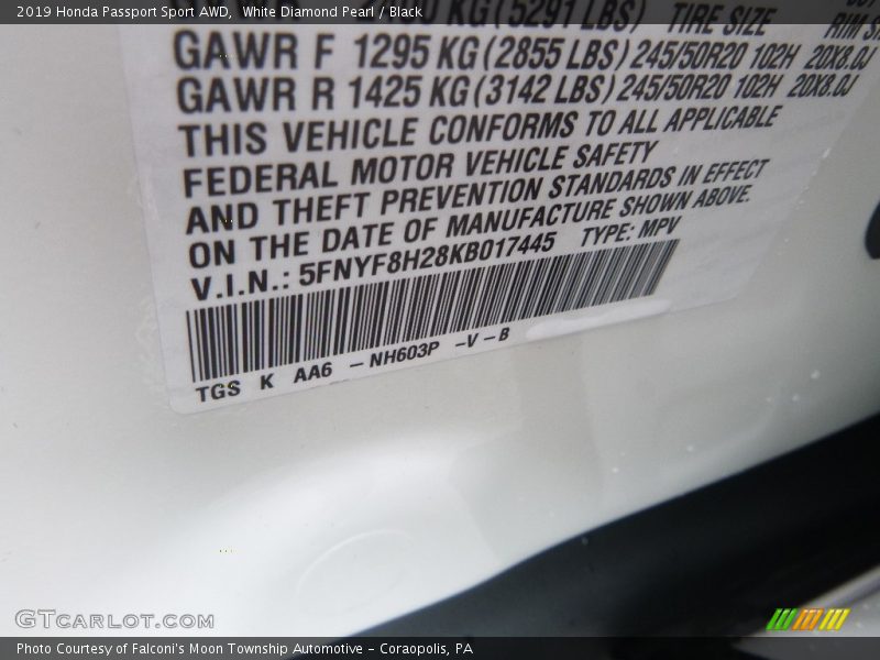 White Diamond Pearl / Black 2019 Honda Passport Sport AWD