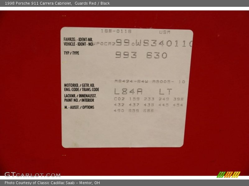 1998 911 Carrera Cabriolet Guards Red Color Code L84A
