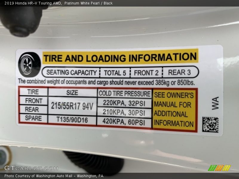 Platinum White Pearl / Black 2019 Honda HR-V Touring AWD