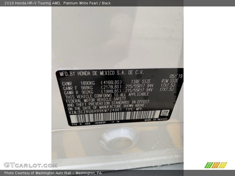 Platinum White Pearl / Black 2019 Honda HR-V Touring AWD