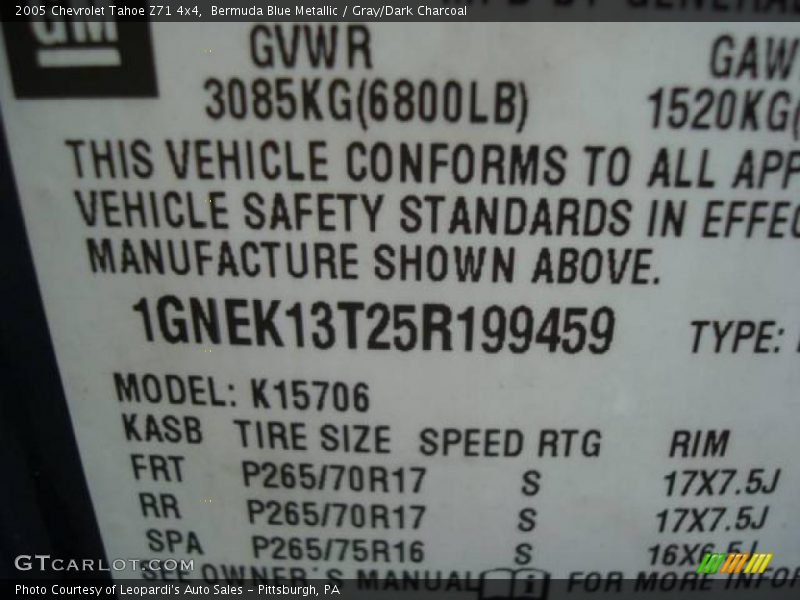 Bermuda Blue Metallic / Gray/Dark Charcoal 2005 Chevrolet Tahoe Z71 4x4