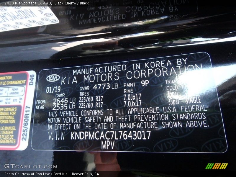 2020 Sportage LX AWD Black Cherry Color Code 9P