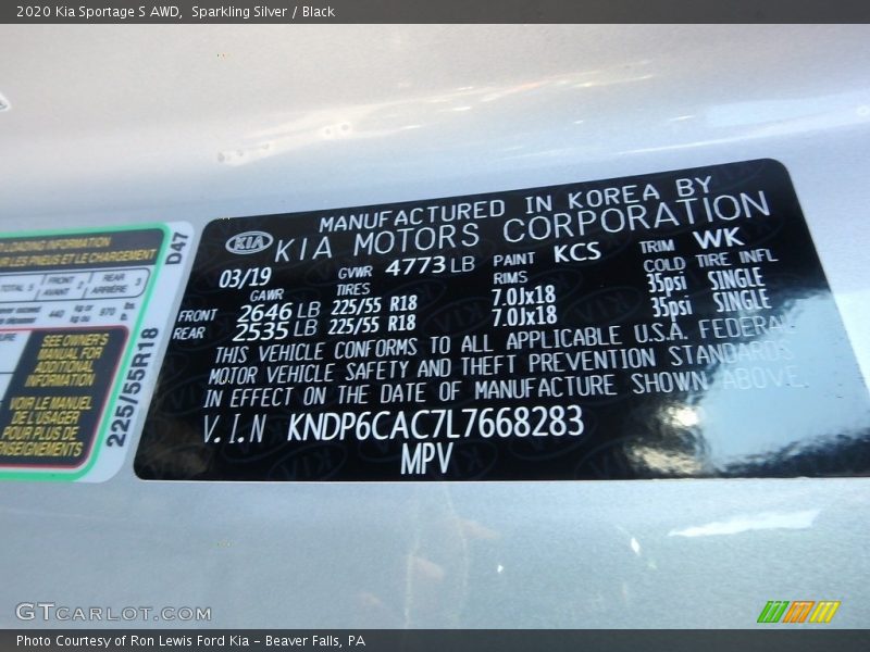 2020 Sportage S AWD Sparkling Silver Color Code KCS