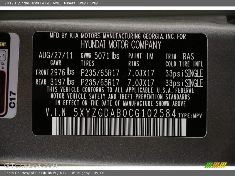 Mineral Gray / Gray 2012 Hyundai Santa Fe GLS AWD