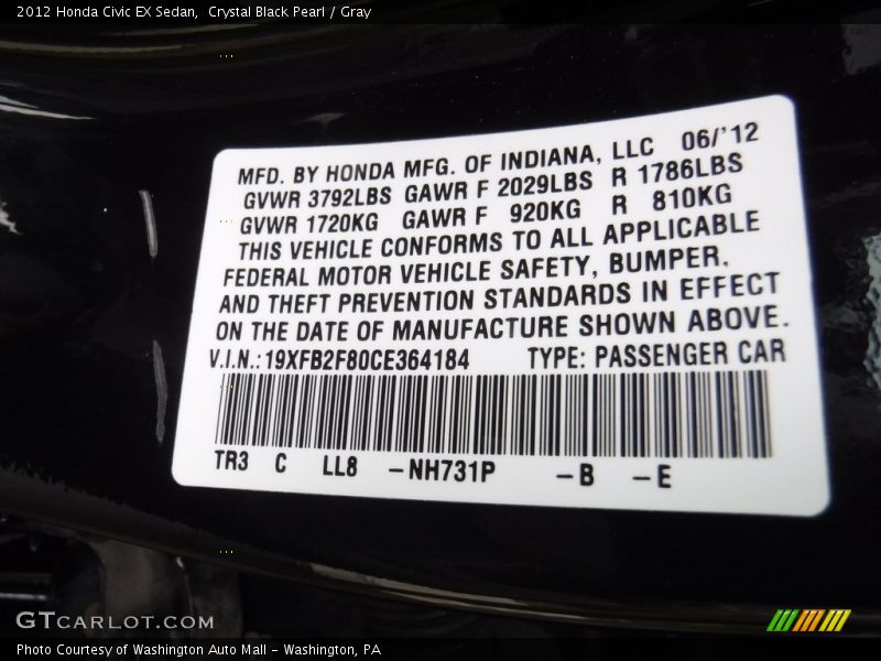 Crystal Black Pearl / Gray 2012 Honda Civic EX Sedan