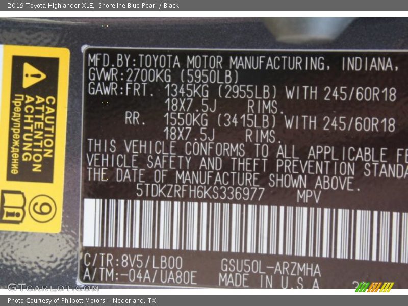 Shoreline Blue Pearl / Black 2019 Toyota Highlander XLE