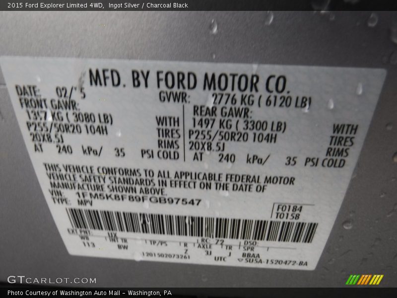 Ingot Silver / Charcoal Black 2015 Ford Explorer Limited 4WD