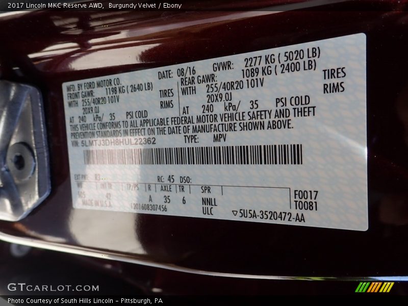 Burgundy Velvet / Ebony 2017 Lincoln MKC Reserve AWD