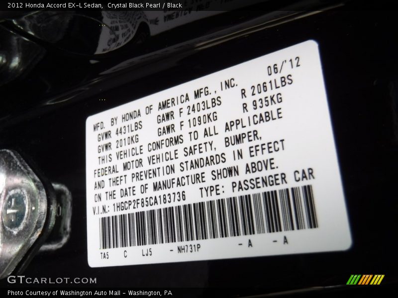 Crystal Black Pearl / Black 2012 Honda Accord EX-L Sedan