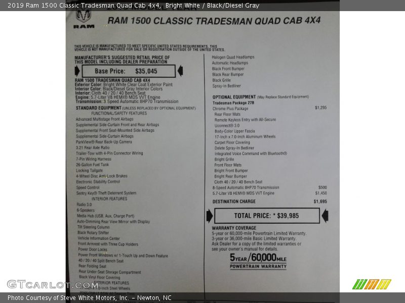 Bright White / Black/Diesel Gray 2019 Ram 1500 Classic Tradesman Quad Cab 4x4