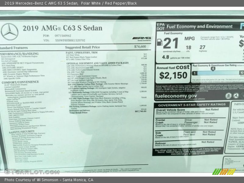  2019 C AMG 63 S Sedan Window Sticker