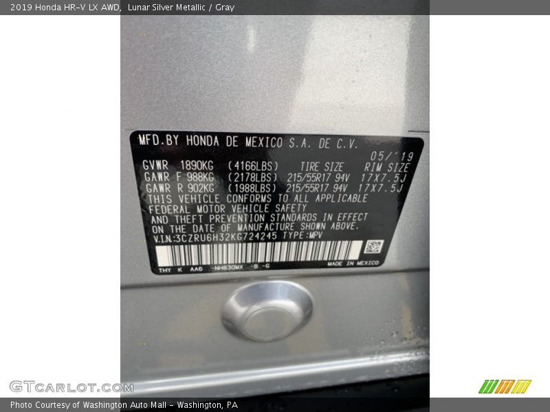 Lunar Silver Metallic / Gray 2019 Honda HR-V LX AWD