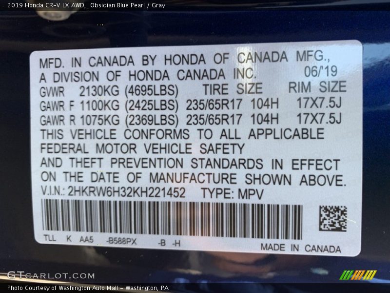 Obsidian Blue Pearl / Gray 2019 Honda CR-V LX AWD